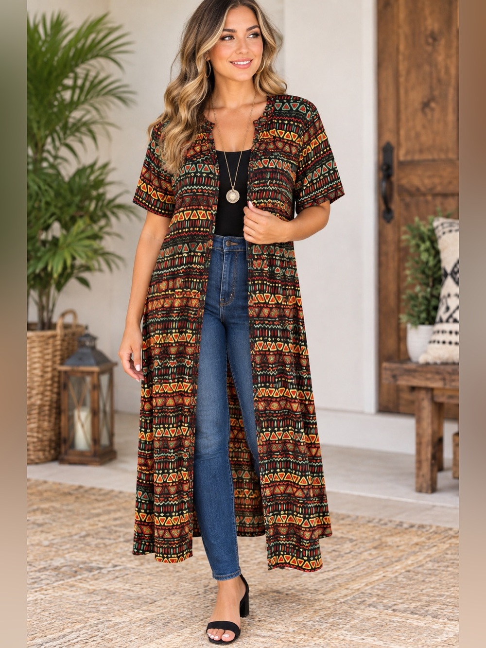 Tribal Print Long Duster in Black with Multicolor Pattern - Picture 1 of 10